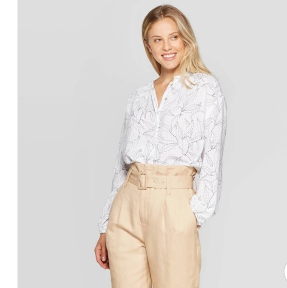 Women's Leaf Print Long Sleeve Collared Popover Bl